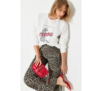 Bianco Lucci Womens Leopard Print Embroidered Crew Neck Sweatshirt - White - Size Small