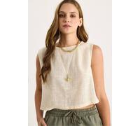 Bianco Lucci Women's Linen Blend Cropped Crew Neck Blouse in Cream | Size: Large Bianco Lucci Cream L