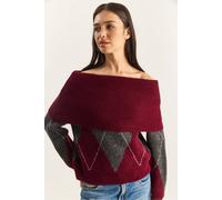 Bianco Lucci Women's Madonna Collar Knitted Sweater with Baklava Pattern Bianco Lucci Multicolor One Size