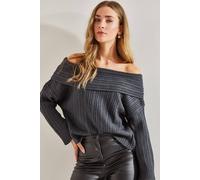 Bianco Lucci Women's Off Shoulder Ribbed Knit Sweater in Dark Grey Bianco Lucci Dark Grey One Size