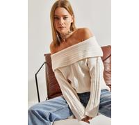 Bianco Lucci Womens Off Shoulder Ribbed Knit Sweater - Off-White - Size Small/Medium
