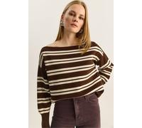 Bianco Lucci Women's Off Shoulder Striped Ribbed Sweater in Chocolate Bianco Lucci Chocolate One Size