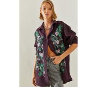 Bianco Lucci Womens Oversized Button-Up Shirt with Embroidery - Purple - Size Large