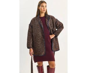 Bianco Lucci Women's Oversized Jacquard Pattern Buckle Closure Jacket in Dark Brown | Size: Small Bianco Lucci Dark Brown S