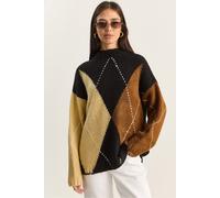 Bianco Lucci Womens Oversized Knitted Diamond Pattern Sweater - Black - One Size