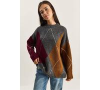 Bianco Lucci Women's Oversized Knitted Diamond Pattern Sweater in Charcoal Bianco Lucci Charcoal One Size