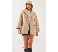 Bianco Lucci Women's Oversized Plush Coat with Shawl Collar & Pocket in Beige | Size: Large Bianco Lucci Beige L