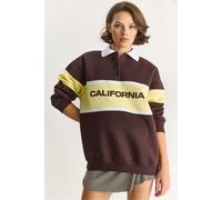 Bianco Lucci Womens Oversized Printed Polo Collar Sweatshirt - Mocha - Size Small