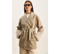 Bianco Lucci Womens Oversized Shawl Collar Felt Jacket with Faux Fur Cuffs - Beige - Size Medium