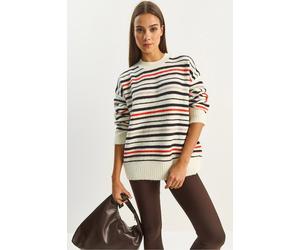 Bianco Lucci Womens Oversized Striped Knit Sweater - Cream - Size Small/Medium