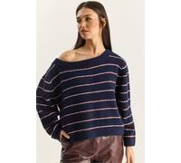 Bianco Lucci Women's Oversized Striped Knit Sweater with Asymmetrical Collar Bianco Lucci Multicolor One Size