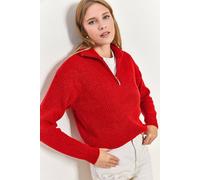 Bianco Lucci Women's Oversized Textured Knit Sweater with Zipper Collar in Red Bianco Lucci Red One Size