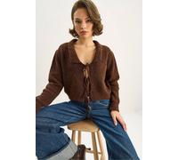 Bianco Lucci Women's Oversized V-Neck Tie Closure Ribbed Cardigan in Dark Brown Bianco Lucci Dark Brown One Size