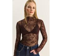 Bianco Lucci Womens Paisley Print Cut-Out Half Turtleneck Blouse - Mocha
