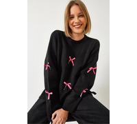Bianco Lucci Women's Patterned Acrylic Crew Neck Sweater with Bow Detail in Black Bianco Lucci Black One Size