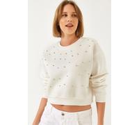 Bianco Lucci Womens Patterned Crew Neck Pullover with Pompom - Beige - Size Small