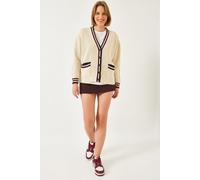 Bianco Lucci Womens Patterned V-Neck Ribbed Cardigan with Pockets - Beige - Size Small/Medium