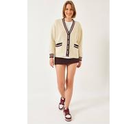 Bianco Lucci Women's Patterned V-Neck Ribbed Cardigan with Pockets in Beige Bianco Lucci Beige One Size
