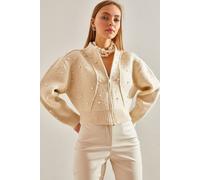 Bianco Lucci Womens Pearl Embellished Zip-Up Crop Cardigan - Beige - Size Small/Medium
