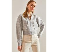 Bianco Lucci Womens Pearl Embellished Zip-Up Crop Cardigan - Grey - Size Small/Medium