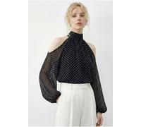 Bianco Lucci Womens Polka Dot Chiffon Turtleneck Blouse with Cut Out - Black - Size Small