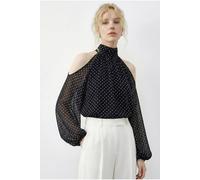 Bianco Lucci Women's Polka Dot Chiffon Turtleneck Blouse with Cut Out in Black | Size: Medium Bianco Lucci Black M