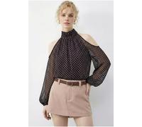 Bianco Lucci Women's Polka Dot Chiffon Turtleneck Blouse with Cut Out in Dark Brown | Size: Medium Bianco Lucci Dark Brown M