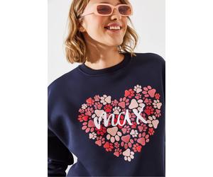 Bianco Lucci Womens Printed Cotton Crew Neck Sweatshirt - Navy - Size Small