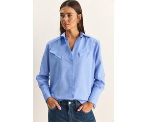 Bianco Lucci Womens Regular Fit Striped Button-Up Shirt with Pocket - Sky Blue - Size Medium