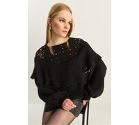 Bianco Lucci Womens Ribbed Boat Neck Thick Sweater with Frilly Detail - Black - One Size