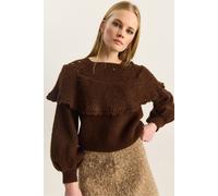 Bianco Lucci Women's Ribbed Boat Neck Thick Sweater with Frilly Detail in Dark Brown Bianco Lucci Dark Brown One Size