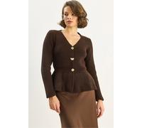 Bianco Lucci Womens Ribbed Long Sleeve V-Neck Cardigan with Buttons - Mocha - Size Small/Medium