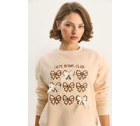 Bianco Lucci Womens Ribbed Printed Crew Neck Long Sleeve Sweatshirt - Beige - Size Small