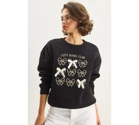 Bianco Lucci Womens Ribbed Printed Crew Neck Long Sleeve Sweatshirt - Black - Size Small