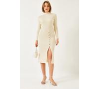 Bianco Lucci Womens Ribbed Textured Turtleneck Midi Knitted Dress - Beige - Size Small/Medium