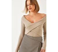 Bianco Lucci Women's Strapless Ribbed Textured Blouse in Light Brown | Size: Large Bianco Lucci Light Brown L