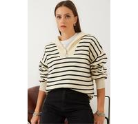 Bianco Lucci Women's Striped Boxy Crop Sweater with Zipper Collar in Ivory Bianco Lucci Ivory One Size