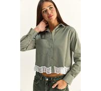 Bianco Lucci Womens Striped Crop Shirt with Button Closure - Khaki - Size Small