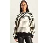 Bianco Lucci Womens Striped Hooded Sweatshirt with Drawstring - Cream - Size Small