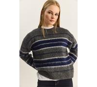 Bianco Lucci Womens Striped Knit Crew Neck Sweater - Grey - One Size