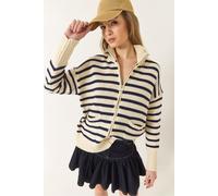 Bianco Lucci Womens Striped Zip-Up Knitwear Cardigan with Pockets - Ivory - Size Small/Medium