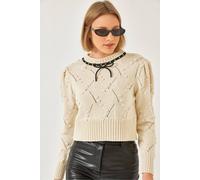 Bianco Lucci Women's Textured Embroidered Crew Neck Fitted Crop Sweater in Off-White Bianco Lucci Off-White One Size
