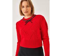 Bianco Lucci Women's Textured Embroidered Crew Neck Fitted Crop Sweater in Red Bianco Lucci Red One Size