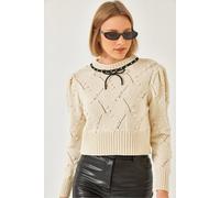 Bianco Lucci Womens Textured Embroidered Crew Neck Fitted Crop Sweater - Off-White - Size Small/Medium