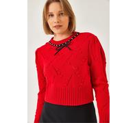 Bianco Lucci Womens Textured Embroidered Crew Neck Fitted Crop Sweater - Red - Size Small/Medium