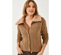 Bianco Lucci Womens Textured Faux Fur Shawl Collar Cardigan - Camel - Size Small/Medium