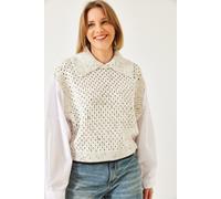 Bianco Lucci Womens Textured Knit Crop Sweater with Shirt Collar - Beige - Size Small/Medium