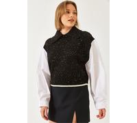 Bianco Lucci Womens Textured Knit Crop Sweater with Shirt Collar - Black - Size Small/Medium