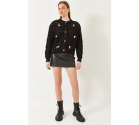 Bianco Lucci Womens Textured Knitwear Cardigan with Pompom - Black - Size Small/Medium