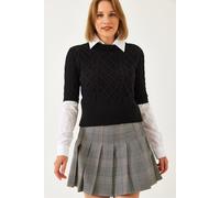 Bianco Lucci Womens Textured Knitwear Crop Sweater with Shirt Collar - Black - Size Small/Medium
